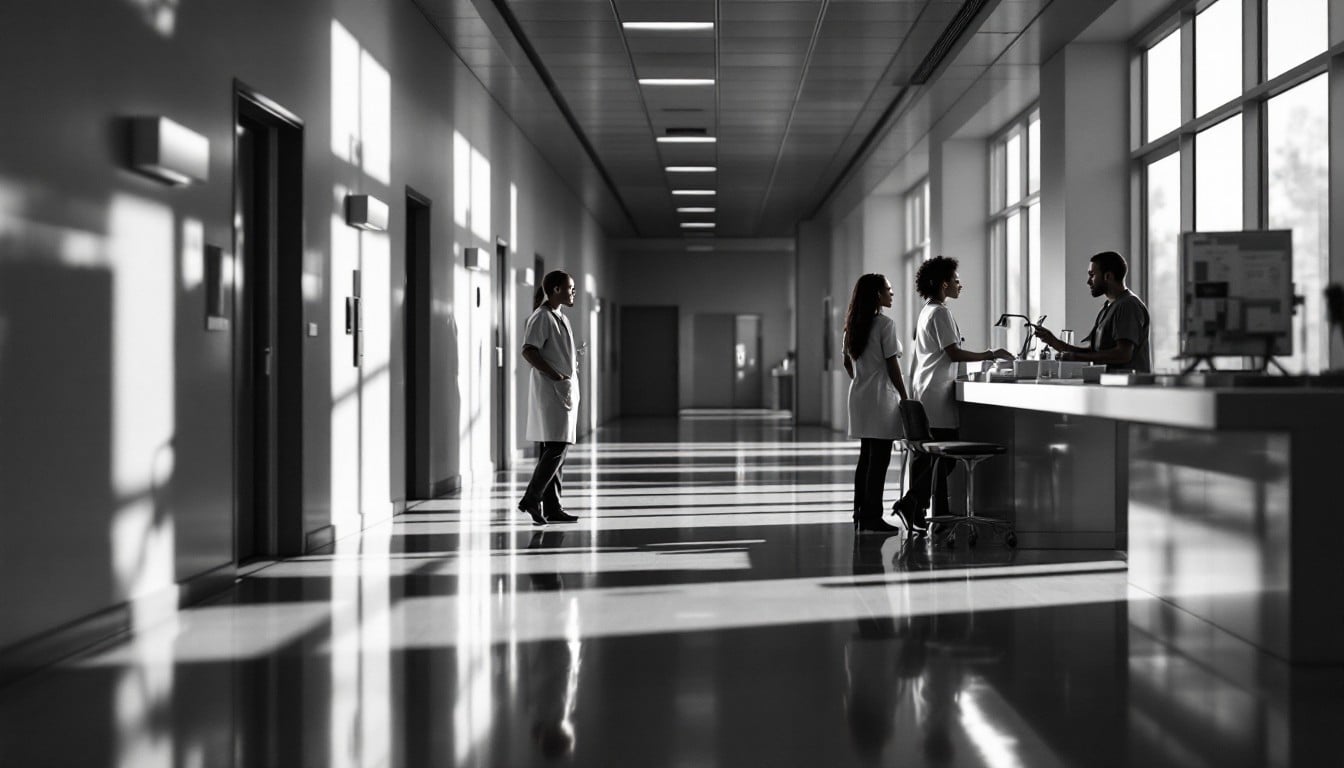 Profissionais de enfermagem em corredor de hospital