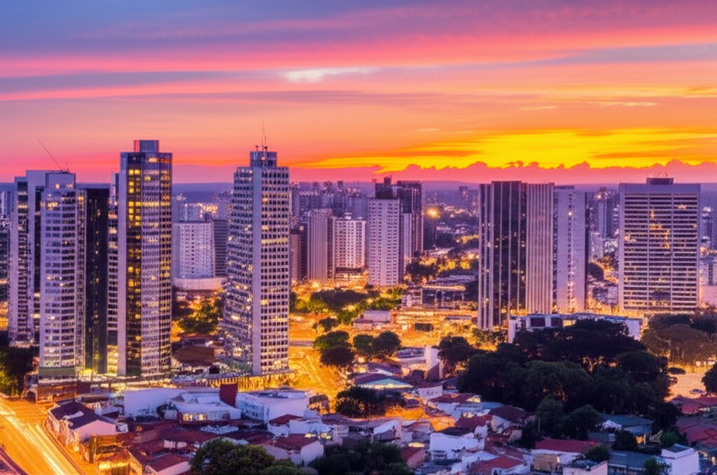 Vista panorâmica de Sorocaba ao entardecer, com prédios modernos e vias iluminadas.