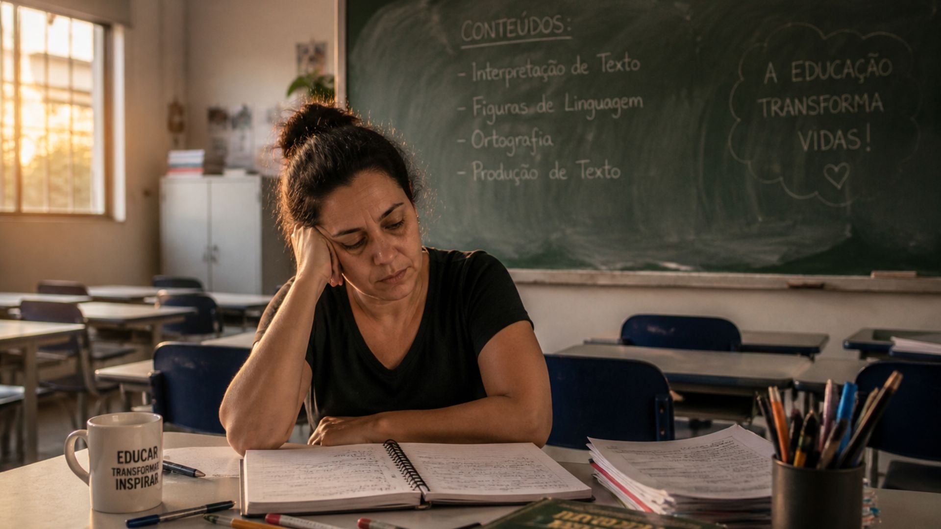 Sala de aula moderna no Brasil, com professora em atividade