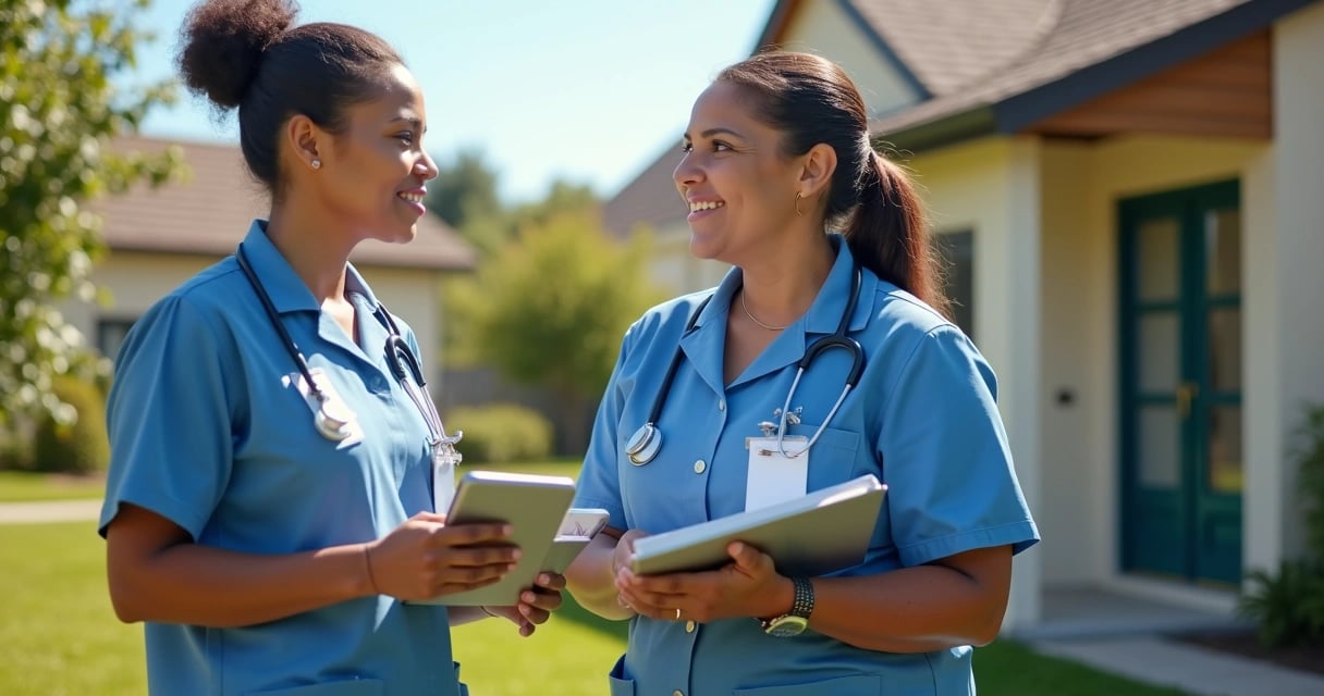 Profissional de saúde comunitária conversando com morador em ambiente residencial, com prancheta e crachá, em contexto de atenção primária