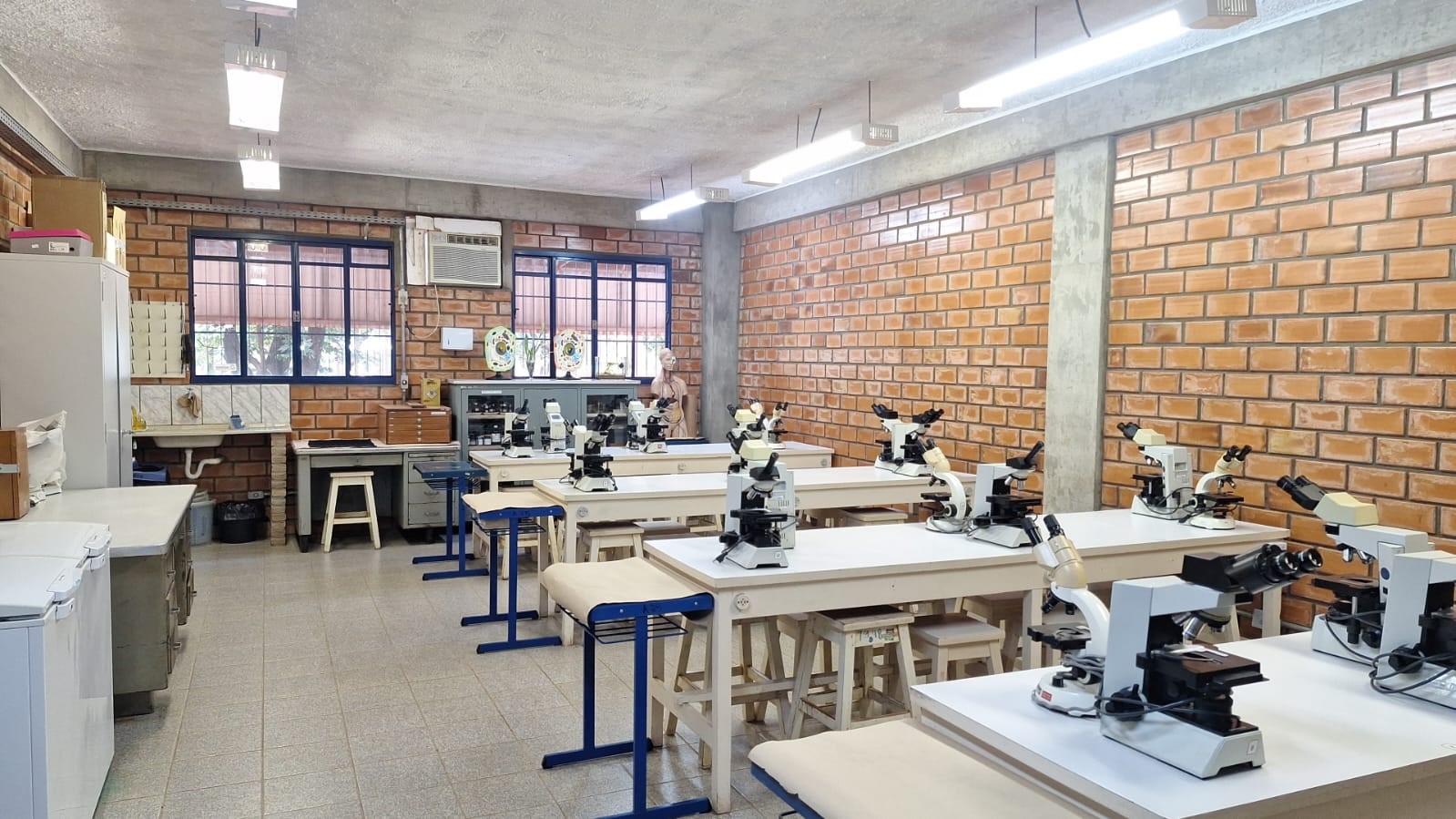 Ambiente de laboratório com microscópios, representando atividades acadêmicas em ciências animais