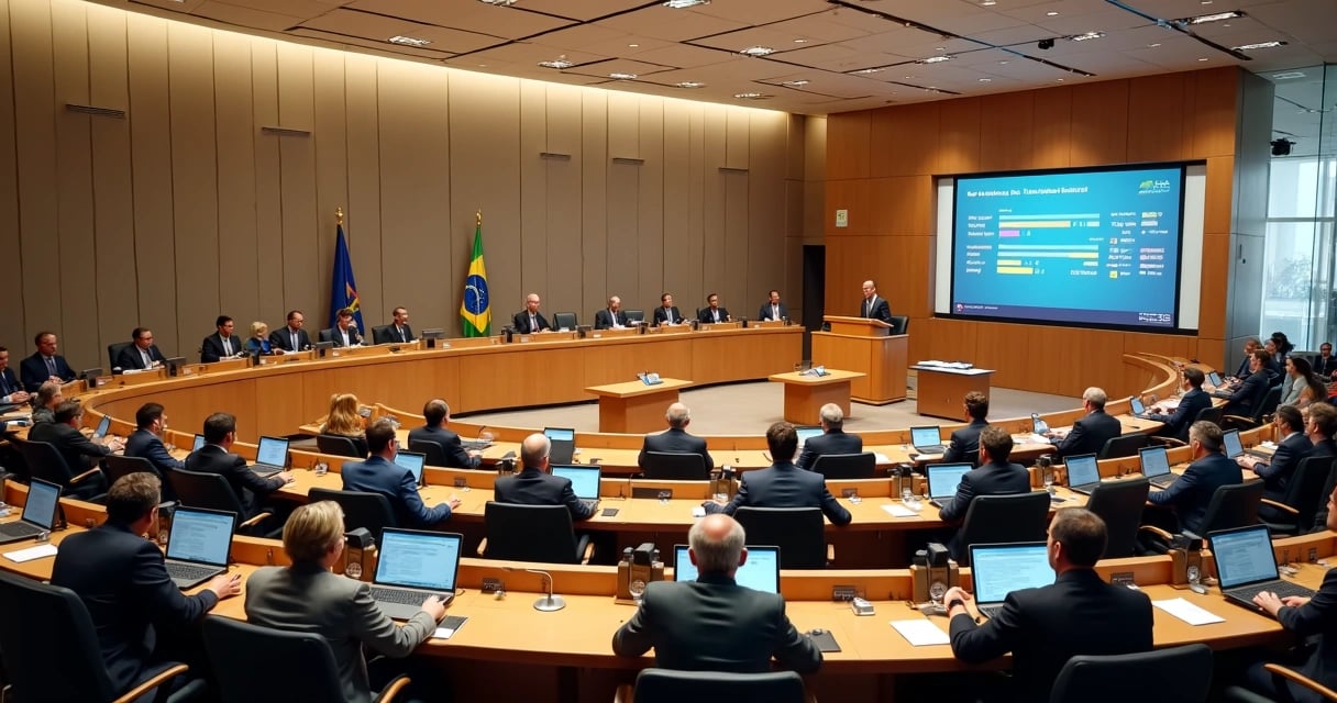 Plenário legislativo com mesas dispostas em semicírculo e púlpito ao centro