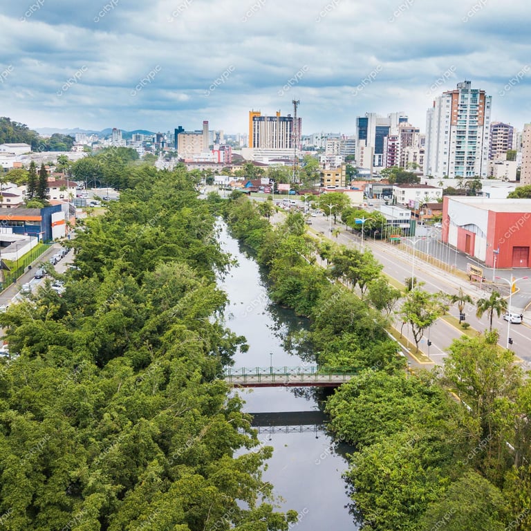 Panorama urbano de Joinville, SC, com áreas verdes e canal ao fundo