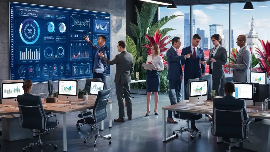Equipe técnica analisando gráficos e dados em escritório público.