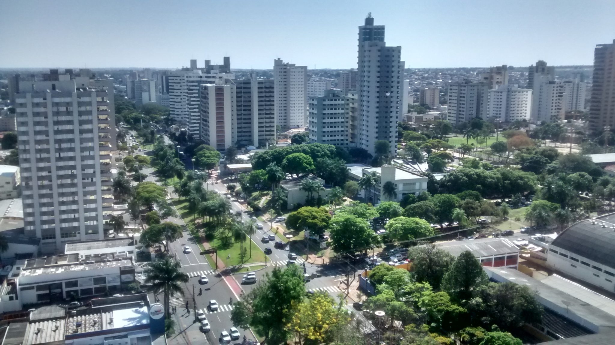 Skyline de Campo Grande ao entardecer, com vias arborizadas e prédios ao fundo