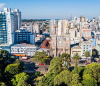 Vista aérea do centro de Passo Fundo, com prédios e áreas verdes em dia claro