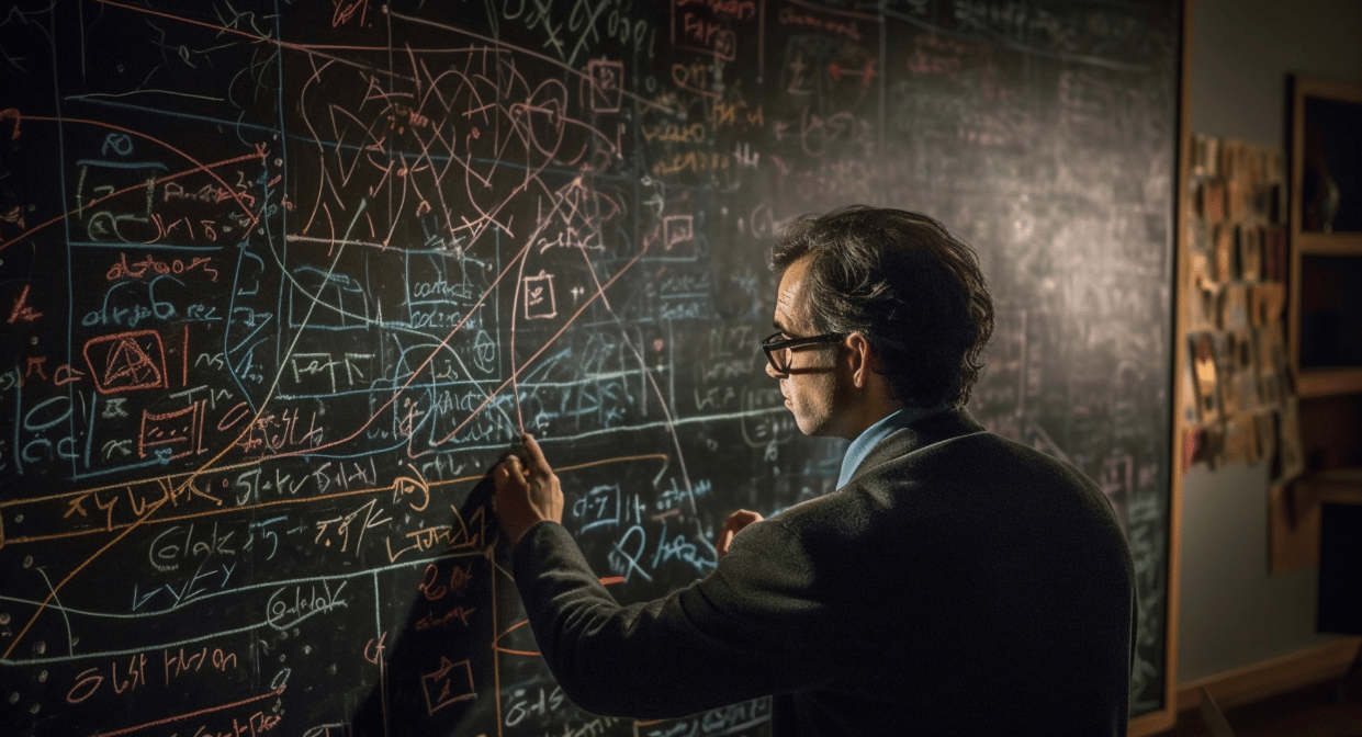Professor explicando conteúdos de matemática em quadro, em sala moderna