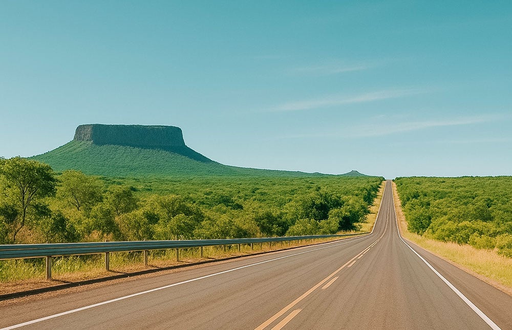 Rodovia no interior do Maranhão com vegetação típica e céu aberto
