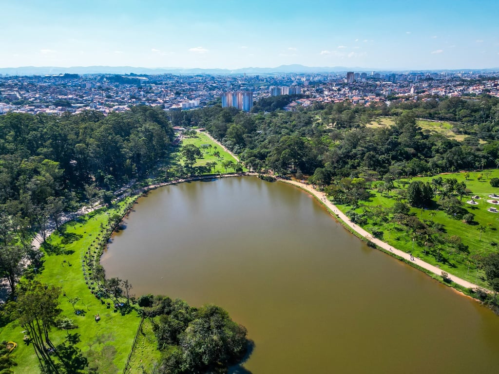 Vista aérea de parque e tecido urbano na Zona Leste de São Paulo, ao entardecer