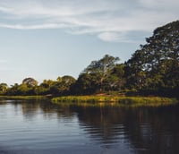 Pantanal ao pôr do sol, com canais de rios e áreas alagadas