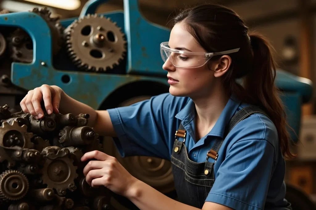 Ambiente educacional de mecânica com equipamentos e engrenagens