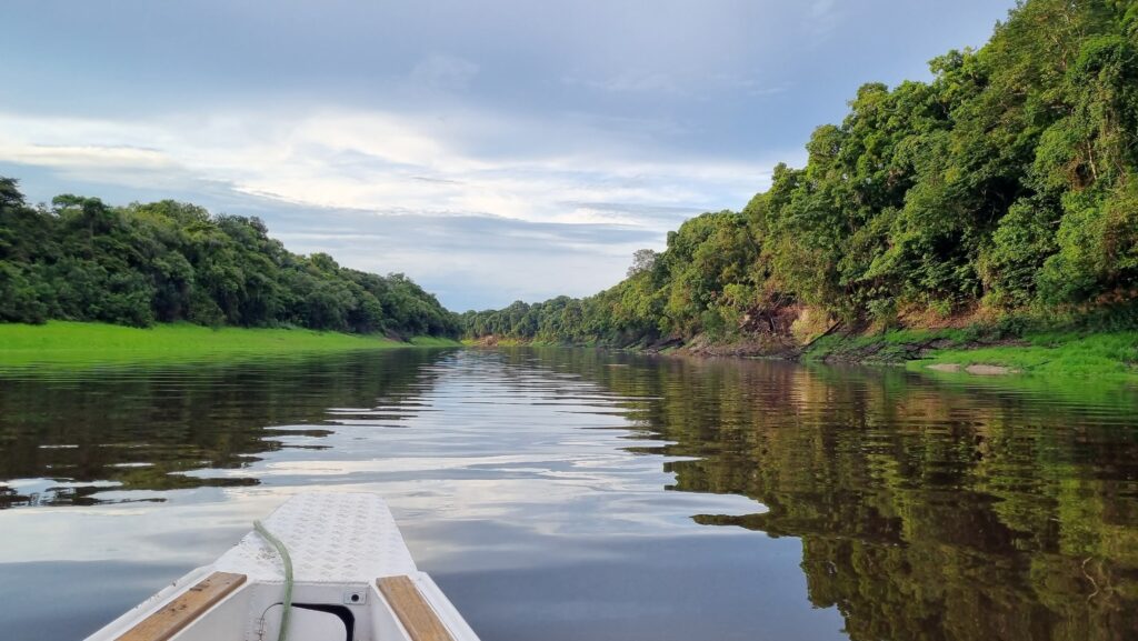 Barco de patrulha em canais amazônicos próximos ao Parque Nacional de Anavilhanas