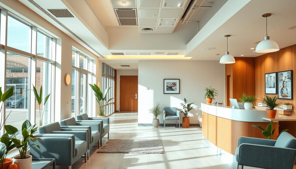 Ambiente administrativo hospitalar moderno, com equipe analisando relatórios