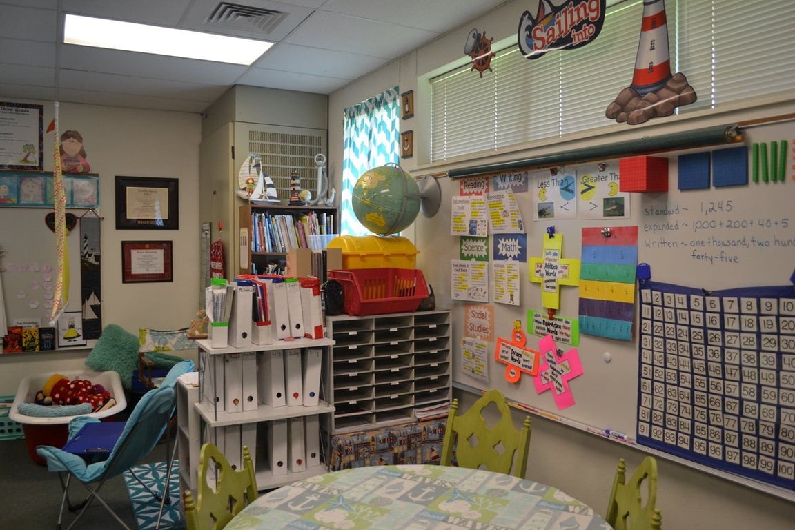 Sala de aula de escola pública vazia, com carteiras, lousa e materiais pedagógicos
