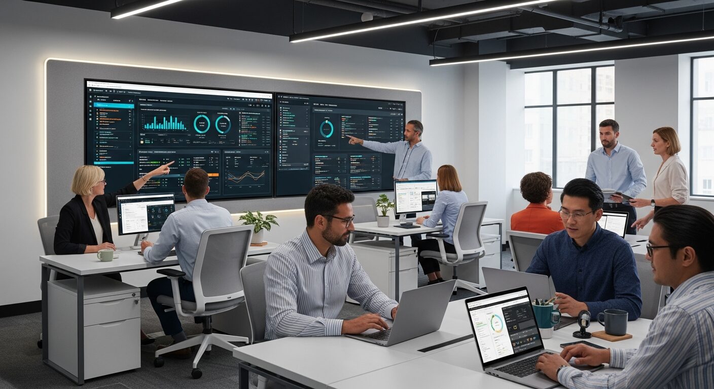 Equipe de finanças analisando relatórios e dashboards em escritório moderno