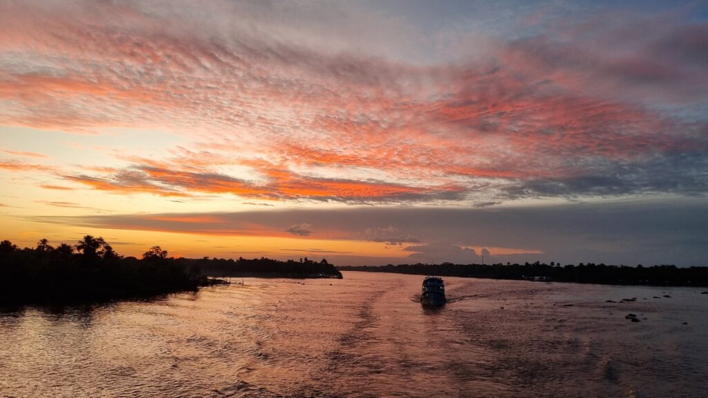 Manguezais e áreas úmidas costeiras no norte do Amapá, ao entardecer