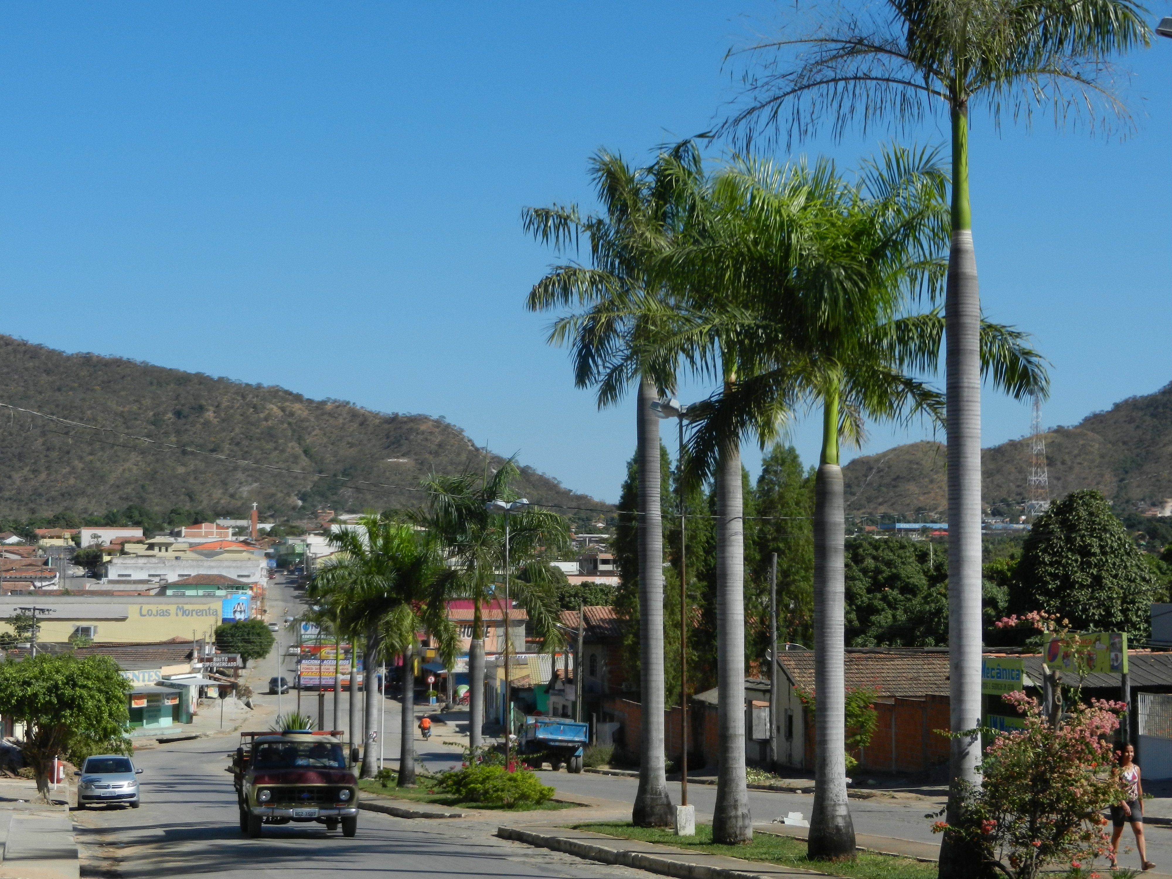 Paisagem urbana de Campos Belos GO, com rua arborizada por palmeiras e morros ao fundo