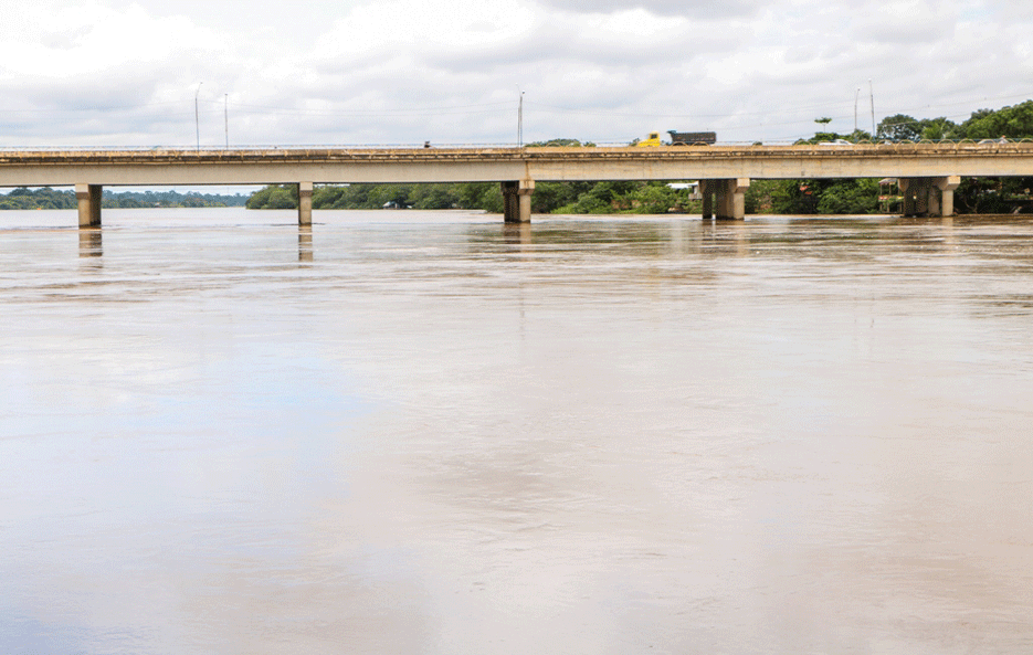 Rio com ponte em área de vegetação amazônica