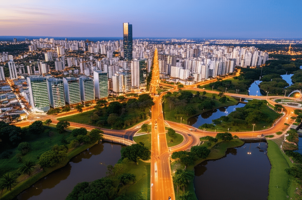 Vista aérea de Sorocaba ao entardecer, mostrando prédios, áreas verdes e vias iluminadas