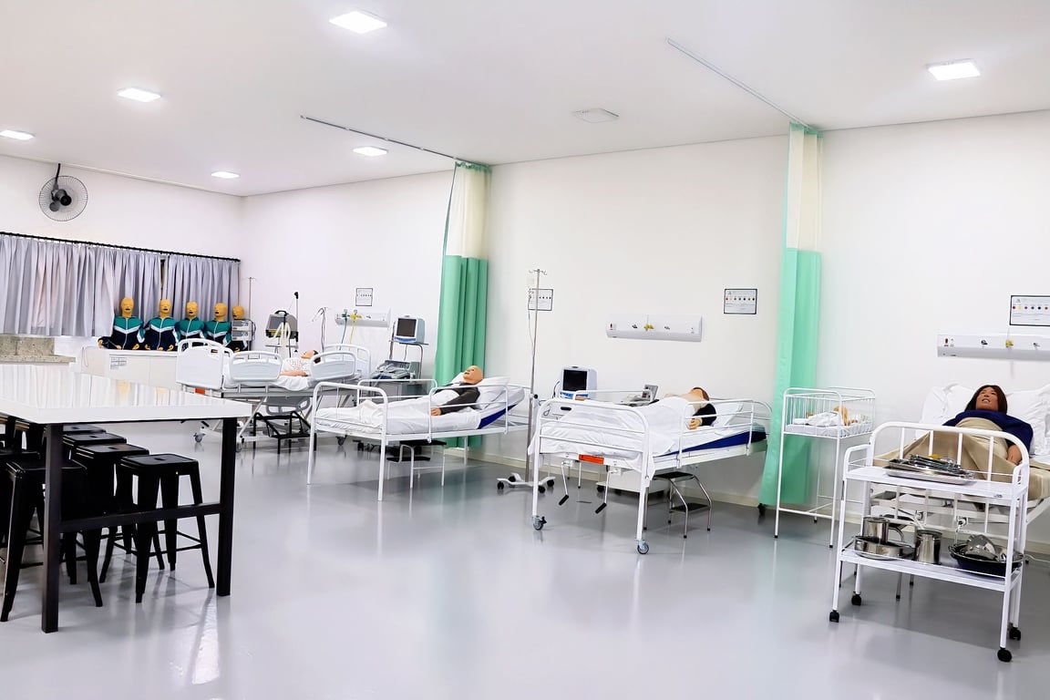 Laboratório de enfermagem com manequins em ambiente educacional