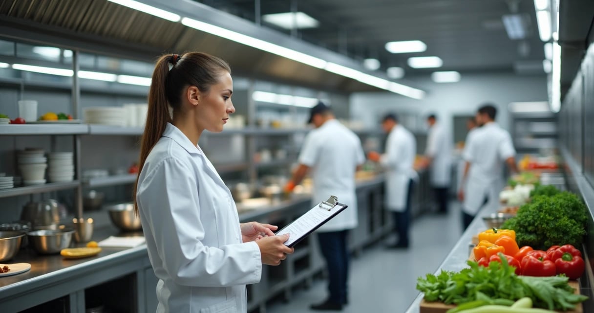 Nutricionista em cozinha escolar, analisando cardápio e fluxos de trabalho