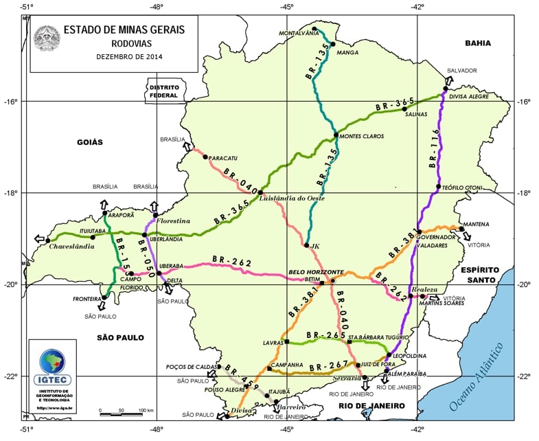 Mapa e rodovias de Minas Gerais