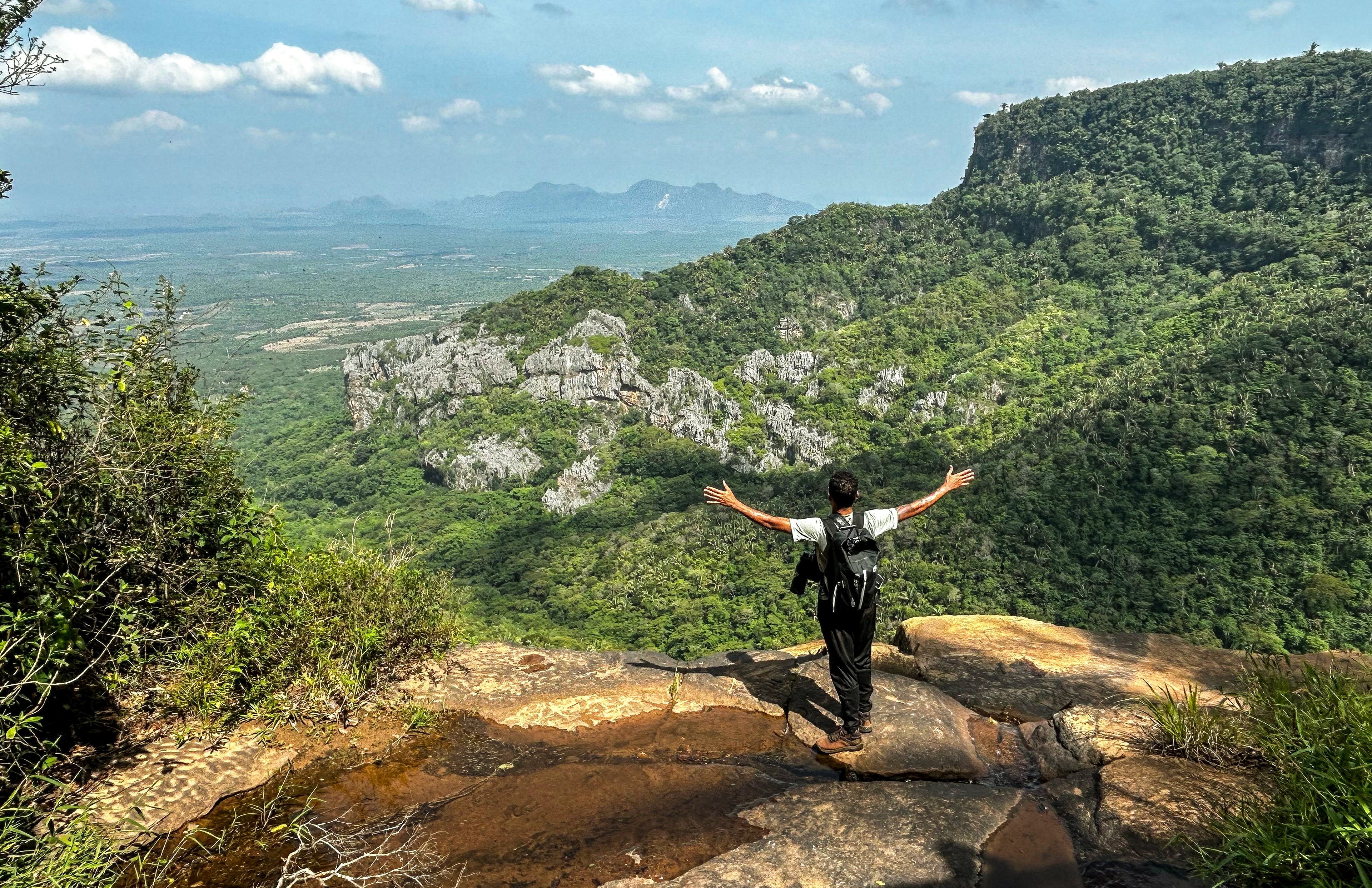Paisagem do Parque Nacional de Ubajara com cânion e vegetação; pessoa em mirante ao fundo