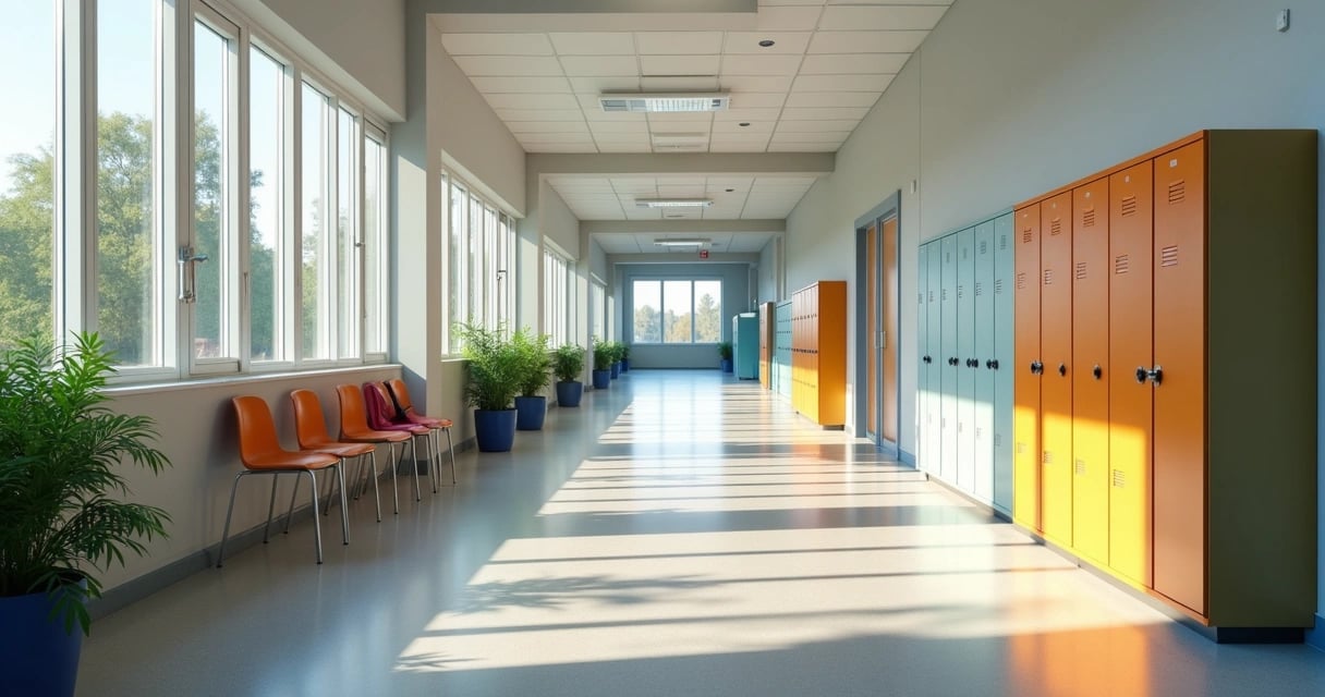 Corredor de escola pública no Brasil, com cadeiras e armários coloridos