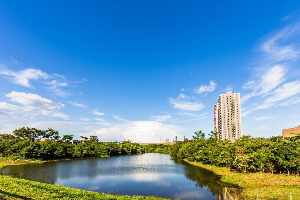 Vista de Ribeirão Preto SP com lago e skyline ao fundo