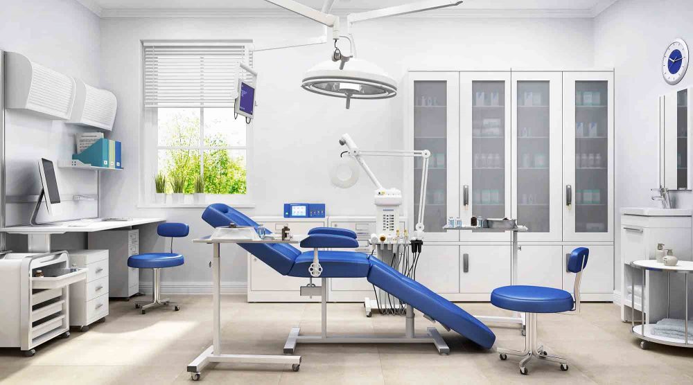 Consultório odontológico moderno, limpo e organizado