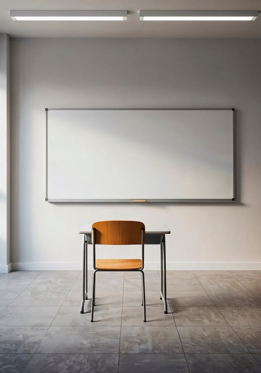 Sala de aula universitária moderna, vazia, com quadro e projetor prontos para aula