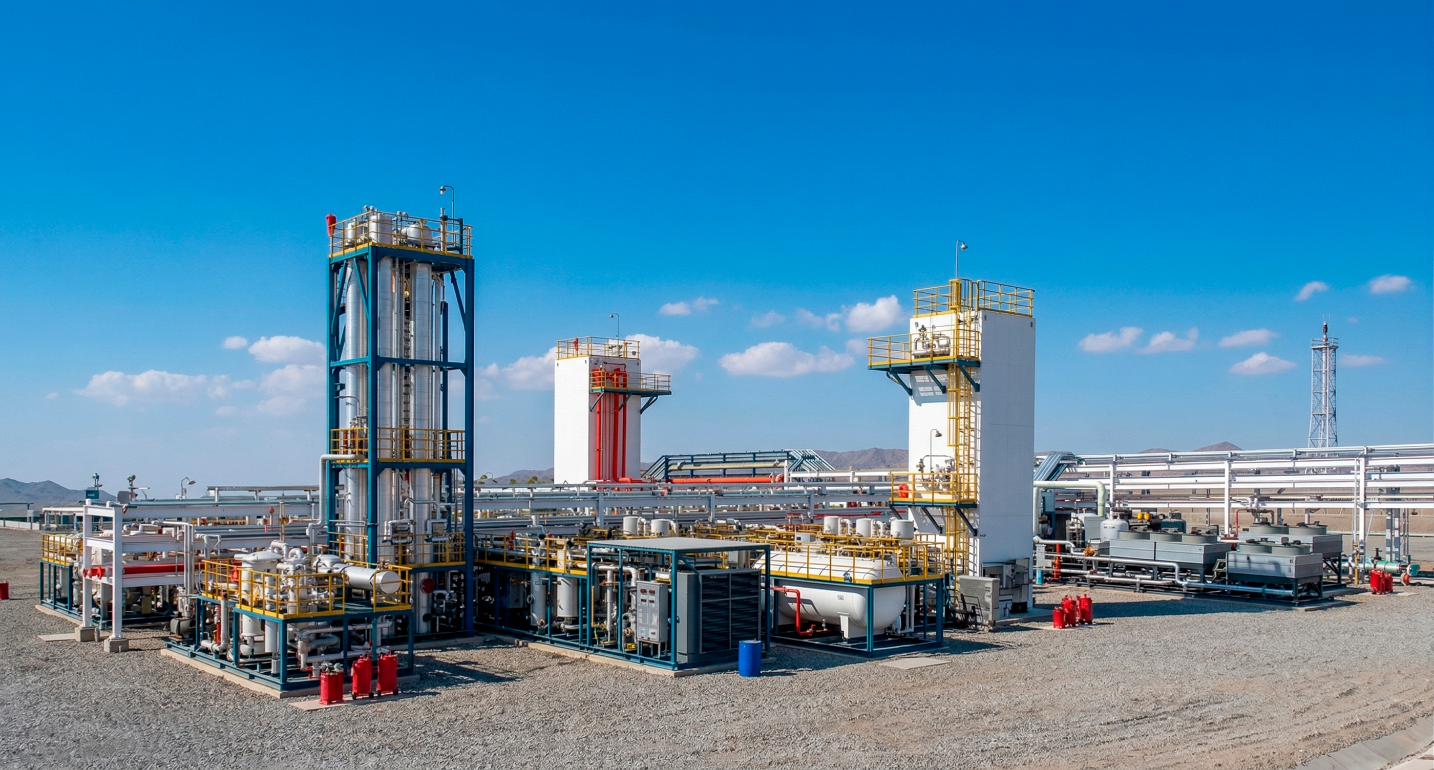 Infraestrutura de distribuição de gás natural com tubulações industriais e torres de controle