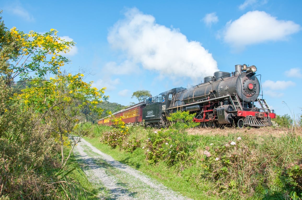 Trem turístico passando pela estação ferroviária de Rio Negrinho, em cenário natural e céu claro