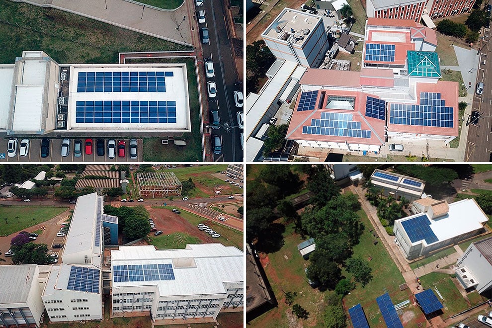 Vista aérea do campus da Unicamp, com prédios e áreas verdes