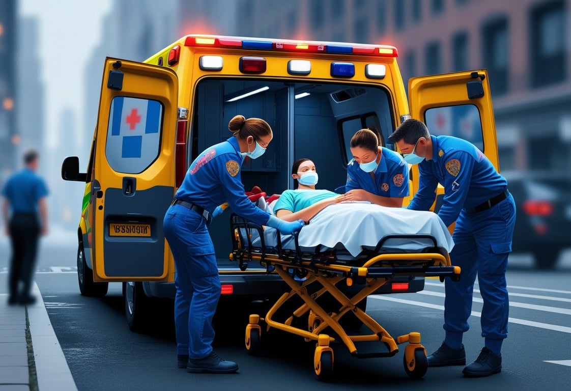 Profissionais de socorro atendendo ocorrência em ambulância, cena urbana no Brasil