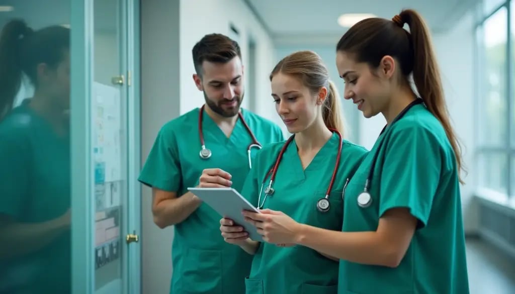 Profissionais de saúde em ambiente administrativo de hospital, interagindo com tecnologia