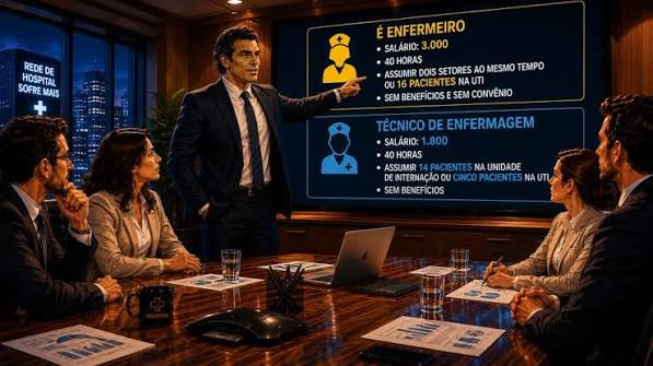 Profissionais de saúde em corredor de hospital público, com médicos e enfermeiros caminhando em equipe