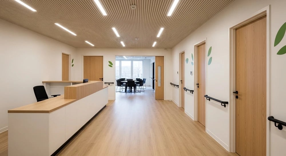 Corredor moderno de hospital com recepção e consultórios