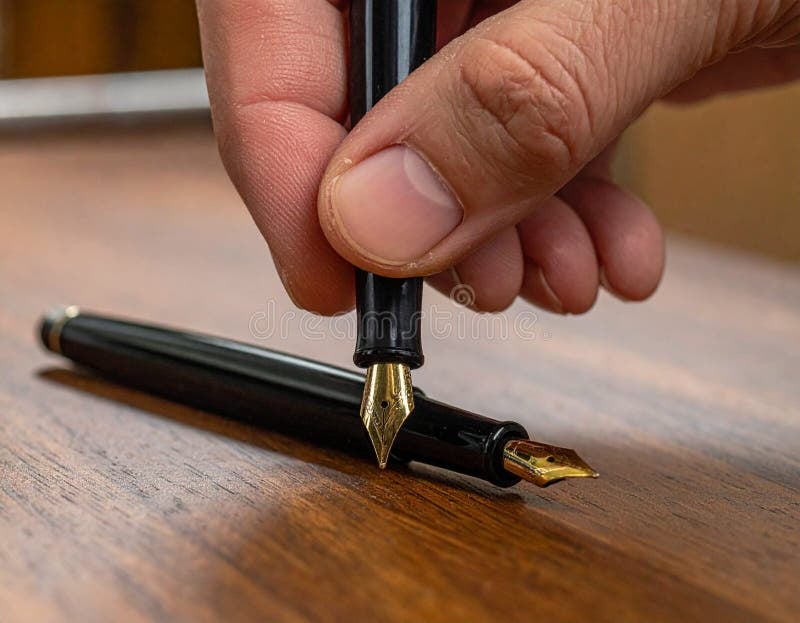 Caneta e documentos sobre mesa de madeira, em ambiente de escritório