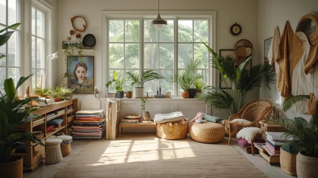 Ateliê de artes com mesas, suportes e materiais de pintura em espaço amplo e iluminado