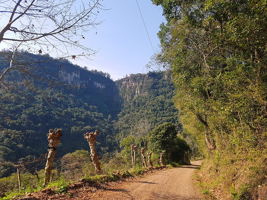 Paisagem da Serra Gaúcha, com morros e vegetação ao entardecer