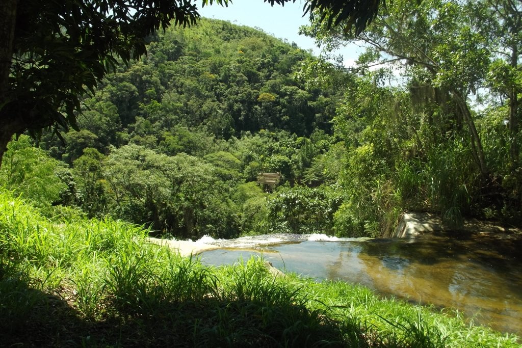 Paisagem de Mata Atlântica no Vale do Ribeira, com montanhas verdes e curso d’água ao fundo