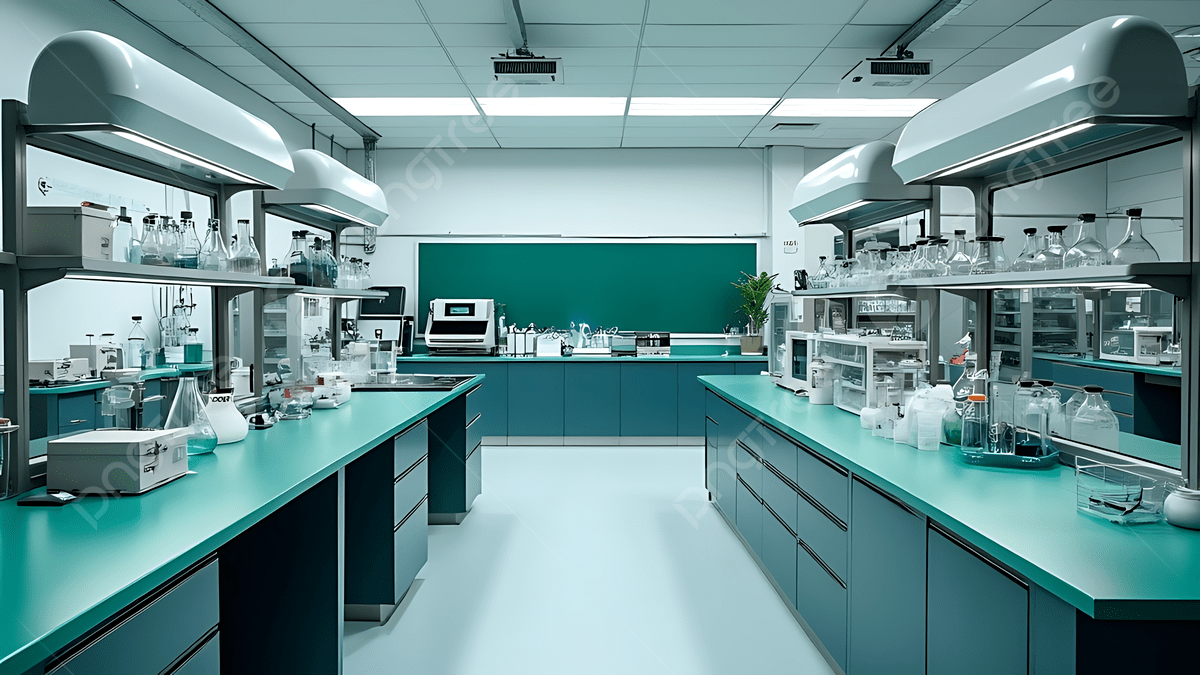 Ambiente de laboratório moderno de ciências, com bancadas e vidrarias sob iluminação fria