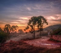 Paisagem rural em Minas Gerais ao entardecer, com lavouras e montanhas ao fundo