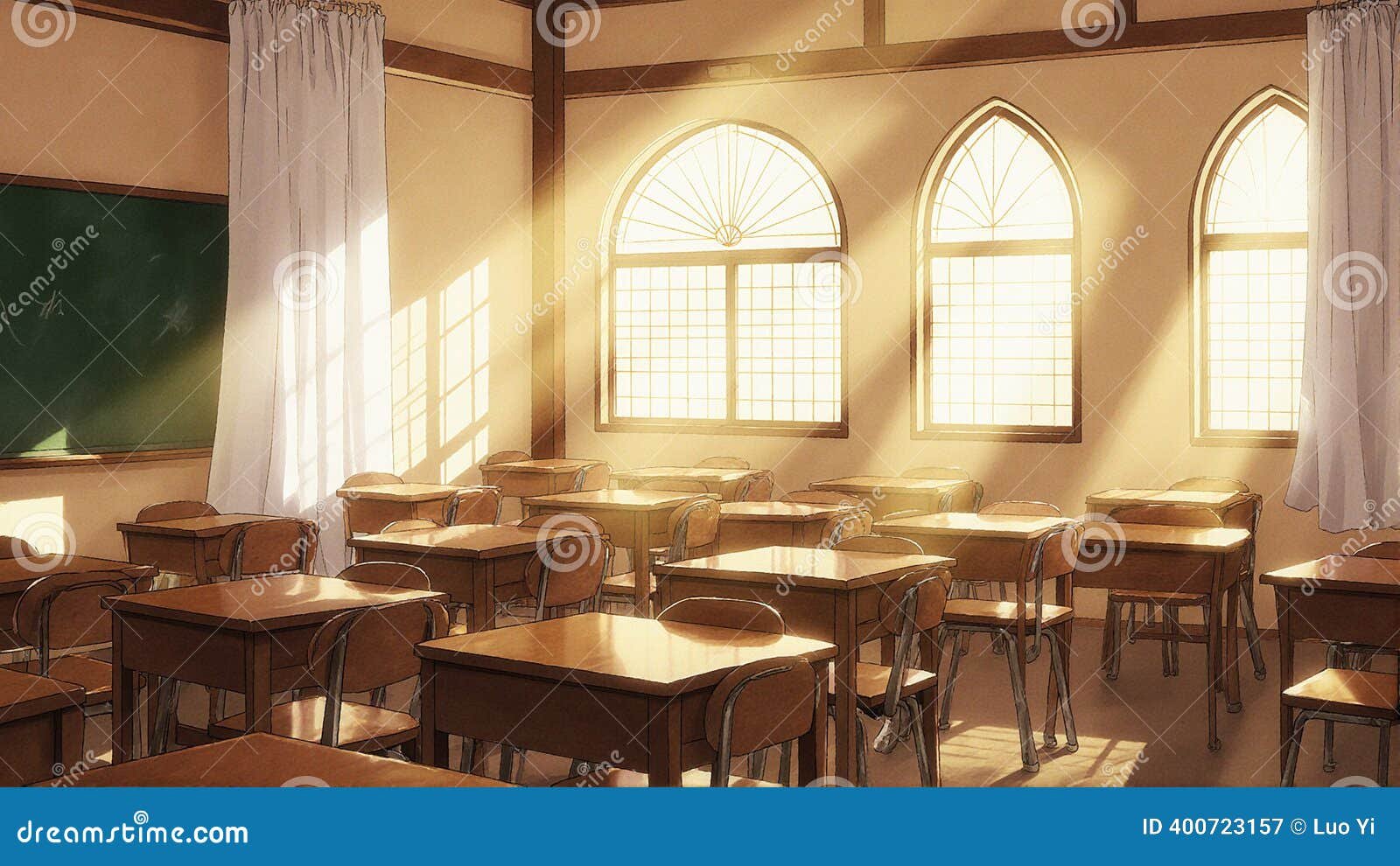 Sala de aula iluminada e organizada, com lousa e carteiras em fileiras