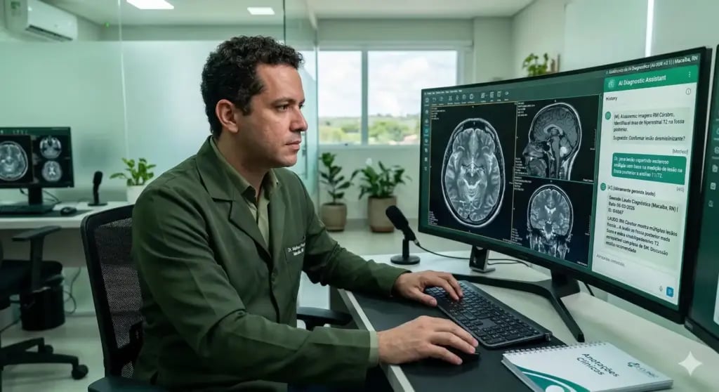 Profissional de saúde analisando documentos em computador, em ambiente administrativo
