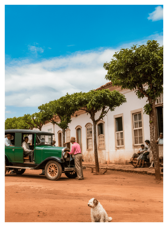 Cena típica de cidade do interior paulista, com rua arborizada, casas térreas e carro antigo em primeiro plano, ao entardecer