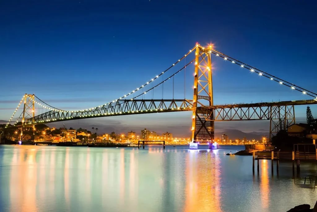 Skyline de Florianópolis com a Ponte Hercílio Luz ao anoitecer