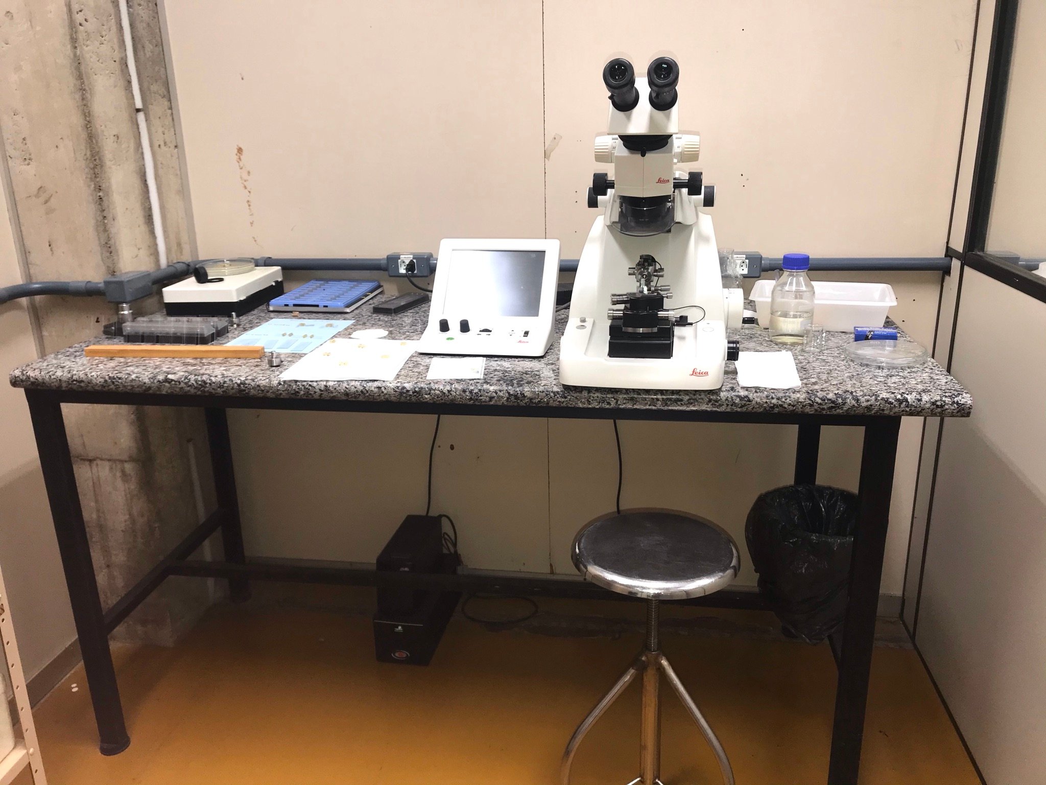 Bancada de laboratório com microscópios e equipamentos científicos, ambiente de pesquisa acadêmica organizado