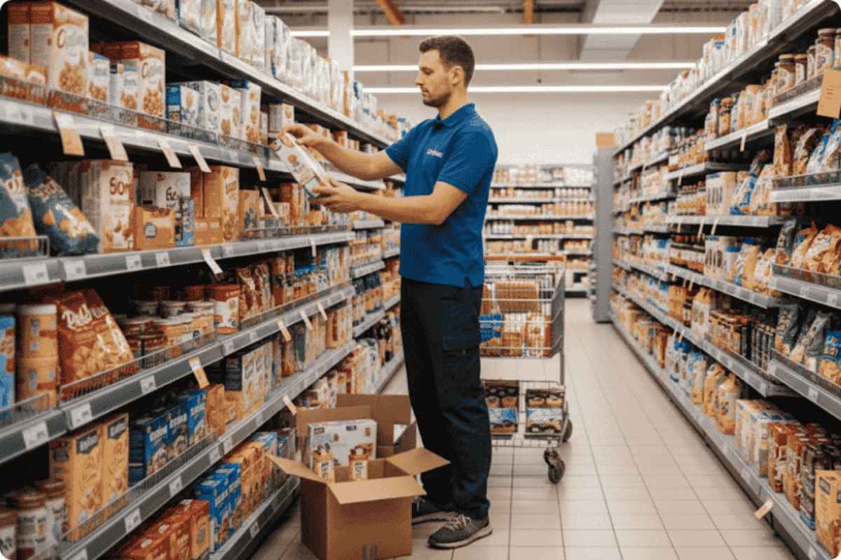 Interior de supermercado com gôndolas e área de merchandising